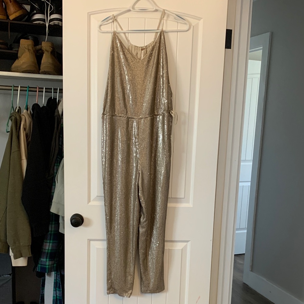 Free People Shiny Gold Sequin Jumpsuit